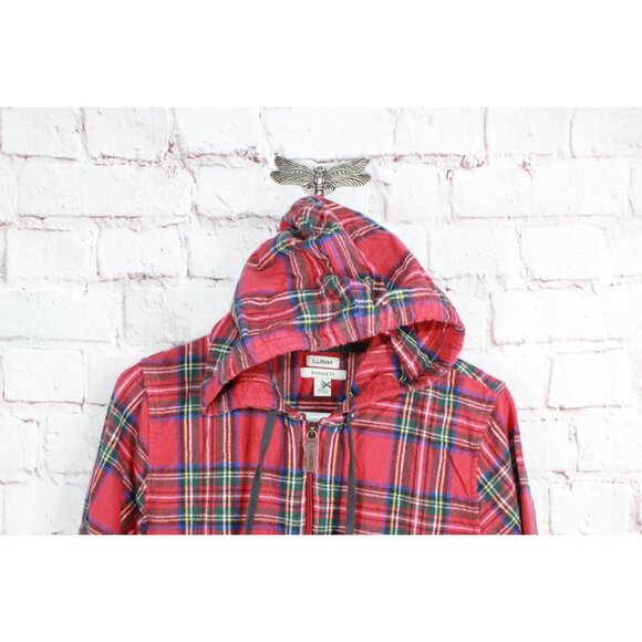 LL Bean Scotch Plaid Flannel Shirt Relaxed Zip Hoodie Cotton Red Medium - Picture 2 of 12